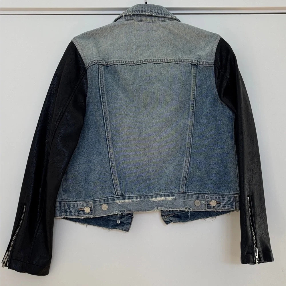 Blank NYC Distressed Jean Jacket w/ Faux Leather Sleeves